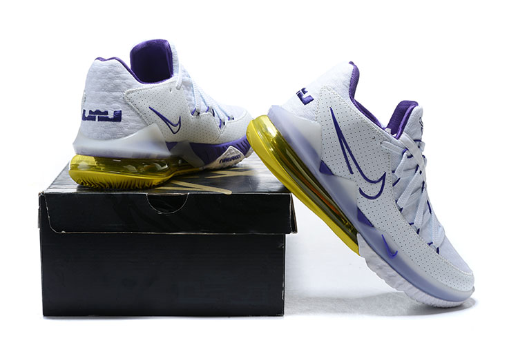 2020 Men Nike LeBron 17 Low White Purple Yellow - Click Image to Close